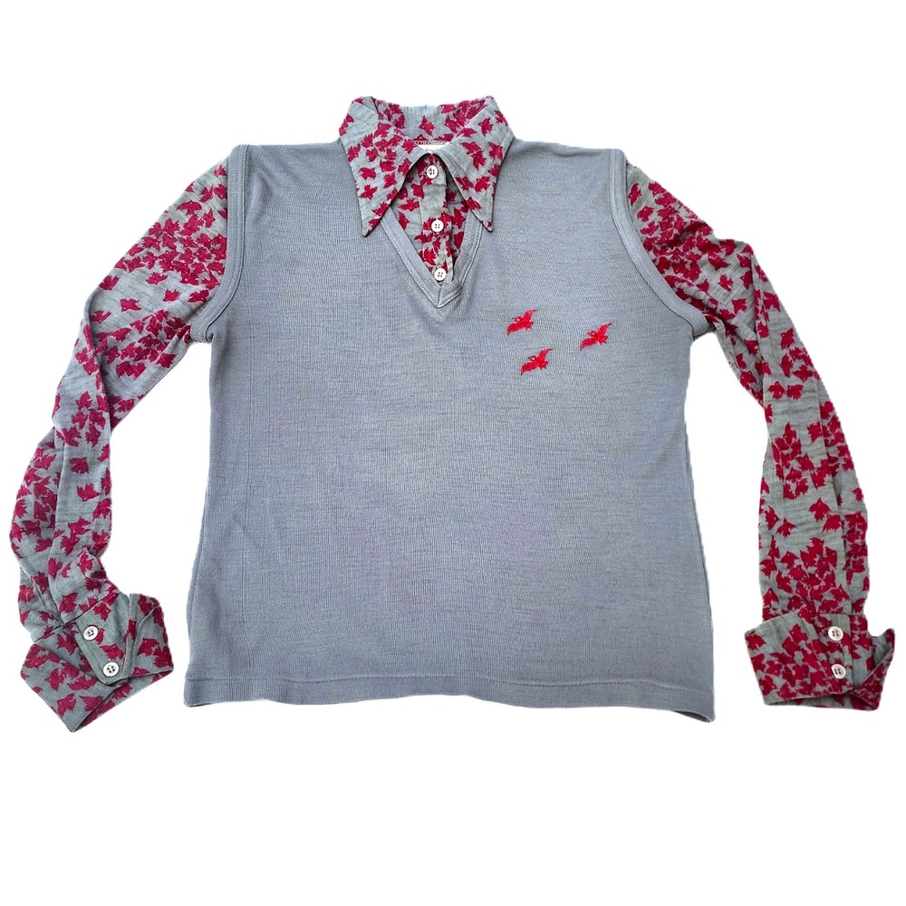 1970s Vintage Grey Faux Layered Vest Top Red Bird Print Button Cuffs Sz. S